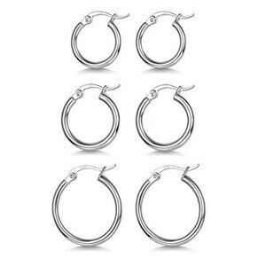 925 Sterling Silver Hoop Earrings White Gold Plated Small Medium Large Set
